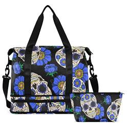 Sugar Skulls and Blue Flowers Travel Duffel Bag for Women Men Gym Bag with Shoe Compartment Wet Pocket Carry On Weekender Overnight Bags for Airline Travel Gym, Mehrfarbig, Large von MCHIVER