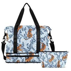 Tiger Floral Blue Travel Duffel Bag for Women Men Gym Bag with Shoe Compartment Wet Pocket Carry On Weekender Overnight Bags for Airline Travel Under Seat, Mehrfarbig, Large von MCHIVER