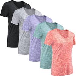 MCPORO Workout-Shirts für Frauen – bequemes T-Shirt mit V-Ausschnitt für Frauen, 5er-Pack Dunkelgrau, Hellgrau, Lila, Kieferngrün, Wassermelonenrot, X-Groß von MCPORO