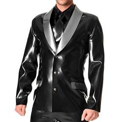 MCWJ Latex Anzug Knöpfe vorne Umlegekragen Taschenklappen Gummimantel Top Jacken,schwarz mit Silber,L von MCWJ