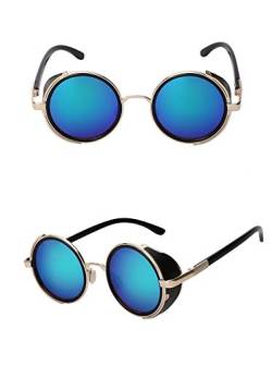 MCalle Sonnenbrille Steampunk Vintage Retro Hippie Runde Brille (Blau/Gold) von MCalle