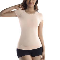 +MD Damen Viskose T-Shirt Rundhals Beiläufiges Slim Fit Tank Top Trägershirt Kurzarm Unterhemd Komfort Shapewear NudeL von +MD