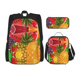 MDATT Fresh Fruits Ananas Rucksack für Mädchen Büchertaschen Schule mit Lunchbox und Federmäppchen 3 in 1 Schultaschen Set, Frische Früchte Ananas, Einheitsgröße von MDATT