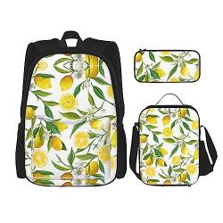 MDATT Frischer Pfau Rucksack für Mädchen Büchertaschen Schule mit Lunchbox und Federmäppchen 3 in 1 Schultaschen Set, Frische tropische Zitronen, Einheitsgröße von MDATT