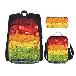 MDATT Frischer Pfau Rucksack für Mädchen Büchertaschen Schule mit Lunchbox und Federmäppchen 3 in 1 Schultaschen Set, Fruit Rainbow, Einheitsgröße von MDATT