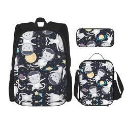 MDATT Frischer Pfau Rucksack für Mädchen Büchertaschen Schule mit Lunchbox und Federmäppchen 3 in 1 Schultaschen Set, Fun Cat Astronaut, Einheitsgröße von MDATT