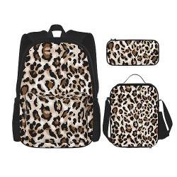 MDATT Gitter Rucksack für Mädchen Büchertaschen Schule mit Lunchbox und Federmäppchen 3 in 1 Schultaschen Set, leopardenmuster, Einheitsgröße von MDATT