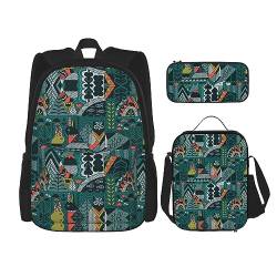 MDATT Griechenland Karte Rucksack für Mädchen Büchertaschen Schule mit Lunchbox und Federmäppchen 3 in 1 Schultaschen Set, Grüne Tiere, Einheitsgröße von MDATT