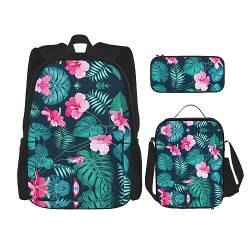 MDATT Halloween Kürbis Muster Rucksack für Mädchen Büchertaschen Schule mit Lunchbox und Federmäppchen 3 in 1 Schultaschen Set, Hawaii Rosa Blume, Einheitsgröße von MDATT