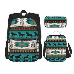 MDATT Hawaiianische tropische Blätter Blumen Rucksack für Mädchen Büchertaschen Schule mit Lunchbox und Federmäppchen 3 in 1 Schultaschen Set, Pferde-Streifenmuster, Einheitsgröße von MDATT