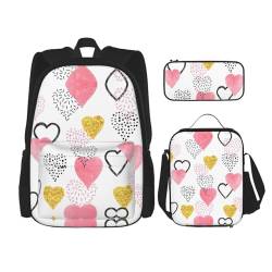 MDATT Kawaii Rucksack mit Lunchbox-Set, 3-in-1-Federmäppchen, passende Kombination, Lippen bedruckt mit schwarz-weißen Streifen, Goldfarben/pinkes Herz, Einheitsgröße von MDATT