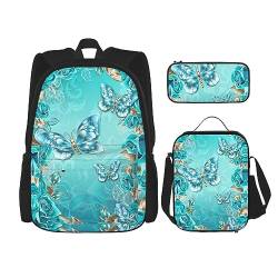 MDATT Leopard Rucksack für Mädchen Büchertaschen Schule mit Lunchbox und Federmäppchen 3 in 1 Schultaschen Set, Hellblauer Schmetterling, Einheitsgröße von MDATT