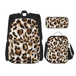 MDATT Leopard Rucksack für Mädchen Büchertaschen Schule mit Lunchbox und Federmäppchen 3 in 1 Schultaschen Set, leopard, Einheitsgröße von MDATT