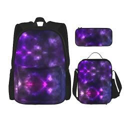 MDATT Lodge Bear Hirsch Fisch Rucksack für Mädchen Büchertaschen Schule mit Lunchbox und Federmäppchen 3 in 1 Schultaschen Set, Magic Galaxy Sky Purple, Einheitsgröße von MDATT