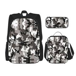 MDATT Mexikanische Salsa Symbole Rucksack für Mädchen Büchertaschen Schule mit Lunchbox und Federmäppchen 3 in 1 Schultaschen Set, Schwarz Grau Weiß Camo, Einheitsgröße von MDATT