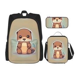 MDATT Niedlicher Otter-Rucksack mit Lunchbox und Federmäppchen, 7,6 cm, Kawaii-Rucksäcke mit Lunch-Tasche, passende Kombination von MDATT