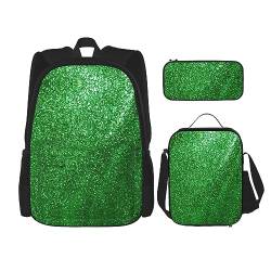 MDATT Romantischer Lavendel Rucksack für Mädchen Büchertaschen Schule mit Lunchbox und Federmäppchen 3 in 1 Schultaschen Set, Grüne Pailletten., Einheitsgröße von MDATT