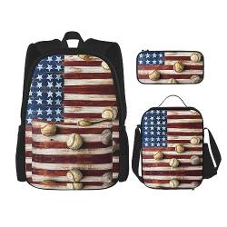 MDATT Rucksack mit amerikanischer Spanien-Flagge für Mädchen, Büchertaschen, Schule mit Lunchbox und Federmäppchen, 3-in-1-Schultaschen-Set, Amerikanische Flagge und Baseball, Einheitsgröße von MDATT