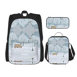 MDATT Rucksack mit schwarzen und weißen Katzen für Mädchen, Büchertaschen, Schule mit Lunchbox und Federmäppchen, 3-in-1-Schultaschen-Set, Vögel im Park an einem verschneiten Tag, Einheitsgröße von MDATT