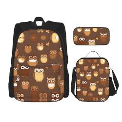 MDATT Süßer brauner Cartoon-Eulen-Rucksack mit Lunchbox und Federmäppchen, 7,6 cm, Kawaii-Rucksäcke mit Lunch-Tasche, passende Kombination, Niedliche braune Cartoon-Eule, One Size, Tagesrucksäcke von MDATT