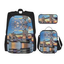 MDATT Ukrainische Stickerei Stil Rose Rucksack für Mädchen Büchertaschen Schule mit Lunchbox und Federmäppchen 3 in 1 Schultaschen Set, Tower Bridge in London, Einheitsgröße von MDATT