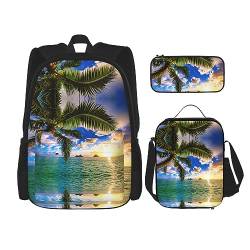 MDATT Weißer Tier-Rucksack für Mädchen, Büchertaschen, Schule mit Lunchbox und Federmäppchen, 3-in-1-Schultaschen-Set, Tropische Hawaii-Palme Ozean Meer Sonnenuntergang, Einheitsgröße von MDATT