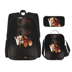 MDATT Weißer Tier-Rucksack für Mädchen, Büchertaschen, Schule mit Lunchbox und Federmäppchen, 3-in-1-Schultaschen-Set, Violine Notenblätter, Einheitsgröße von MDATT
