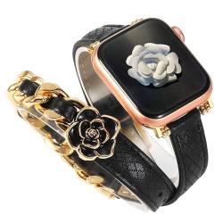 Schlank Lederarmband Kompatibel mit Apple Watch SE Armband 40MM Frauen, Premium PU Leather Uhrenarmband Vintage Doppelring Ersatzarmband für iWatch 38/40/41MM Serie 9/8/7/6/5/4/3/2/1, Schwarze Blume von MDJYMYZ