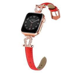 Schlank Lederband Kompatibel mit Apple Watch Serie 3 38MM Armbänder Damen Leder, Schlankes Weiches Leder Ersatzarmband Glitzer Schmuck Metall Bracelet für iWatch 40/41MM Serie 9/8/7/6/5/4/3/2/1, Rot von MDJYMYZ