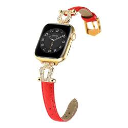 Schlank Lederband Kompatibel mit Apple Watch Serie 3 42MM Armbänder Damen Leder, Schlankes Weiches Leder Ersatzarmband Glitzer Schmuck Metall Bracelet für iWatch 44/45MM Serie 9/8/7/6/5/4/3/2/1, Rot von MDJYMYZ