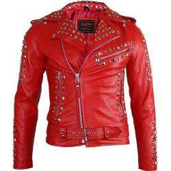 MDM Herren Biker Lederjacke mit Nieten Verzierung, Rot, Rindsleder (Gr. 2XL) von MDM