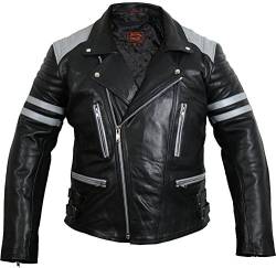 MDM Retro Motorrad Lederjacke 80´s Oldschool erhältlich (3XL, Schwarz/Grau) von MDM