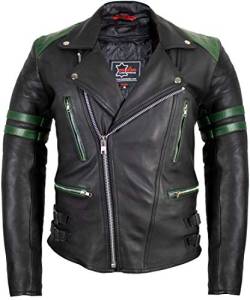 MDM Retro Motorrad Lederjacke 80´s Oldschool erhältlich (S, schwarz/grün) von MDM