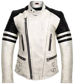 Retro Oldschool Lederjacke, Creme Weiße Motorradjacke (MDM1084 XL) von MDM