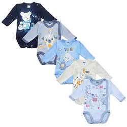 MEA BABY Unisex Baby Langarm Wickelbody mit Aufdruck 5er Pack. Baby Wickelbody Jungen Baby Wickelbody Mädchen (68, Jungen3) von MEA BABY