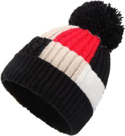 MEANBEAUTY Beanie-Mütze für Damen, gestrickte Beanie-Mütze, Pompom, Winter, warme, weiche Mütze, Outdoor-Sport, Ski-Schwarz+rot von MEANBEAUTY