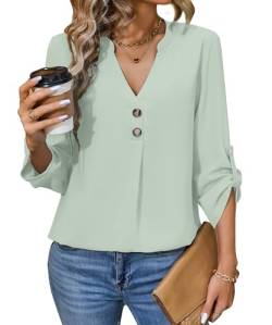 MEDUOLA Damen Business Bluse mit V-Ausschnitt und verstellbaren Ärmeln Stilvolles Hemd mit Knopfleiste am Kragen erhältlich (XL,Hellgrün) von MEDUOLA