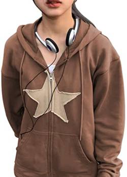 MEDUOLA Damen Kapuzenpullover mit Pentagramm-Patch Hoodie im Retro-Design Klassische Langarm-Fleece-Strickjacke mit Reißverschluss L,Braun von MEDUOLA