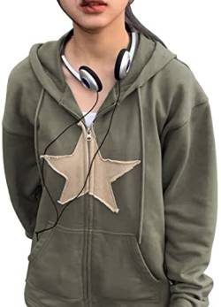 MEDUOLA Damen Kapuzenpullover mit Pentagramm-Patch Hoodie im Retro-Design Klassische Langarm-Fleece-Strickjacke mit Reißverschluss S,Grün von MEDUOLA