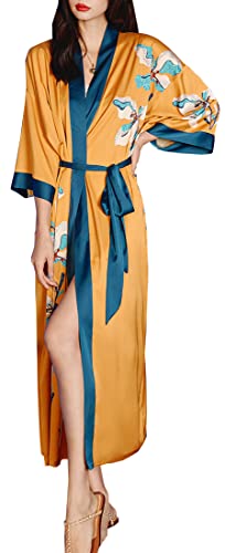 MEDUOLA Frauen Sommer Kimono gedruckt Satin Seide Lange Elegante Nachthemd Unicode,Gelbe Blume von MEDUOLA