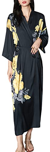 MEDUOLA Frauen Sommer Kimono gedruckt Satin Seide Lange Elegante Nachthemd Unicode,Gelbe Blumen von MEDUOLA