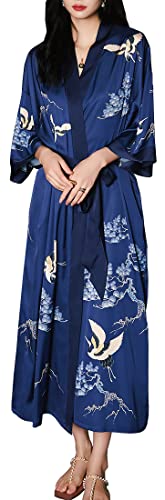 MEDUOLA Frauen Sommer Kimono gedruckt Satin Seide Lange Elegante Nachthemd Unicode,Grus Japonensis von MEDUOLA