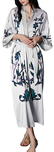 MEDUOLA Frauen Sommer Kimono gedruckt Satin Seide Lange Elegante Nachthemd Unicode,Hellgraue Blüte von MEDUOLA