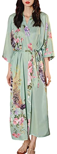 MEDUOLA Frauen Sommer Kimono gedruckt Satin Seide lange elegante Nachthemd Unicode,Grüner Pfau von MEDUOLA