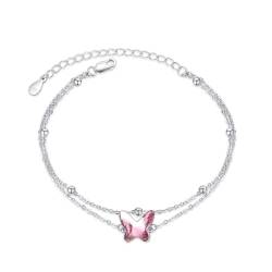 MEDWISE Schmetterlings Armband 925 Sterling Silber Hell Pink Kristall Armbänder Doppelkette Verstellbar Armbänder Schmetterlings Schmuck Geschenke für Frauen Damen Mädchen Mutter Geschenke Weihnachts von MEDWISE