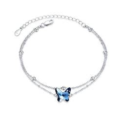 MEDWISE Schmetterlings Armband Damen 925 Sterling Silber Blau Kristall Doppelkette Armbänder Verstellbar Geschichtetes Armbänder Schmetterlings Schmuck Geschenke für Frauen Mädchen von MEDWISE