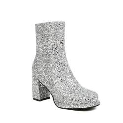 2023 Neu Stiefeletten Mit Pailletten Damen Plateau Ankle Boots Mit Blockabsatz Herbst Winter Kurz Stiefel Mit Seitlichem Reißverschluss Elegant Knöchel Schuhe Für Outdoor, Party ( Color : Silver , Siz von MEECHI