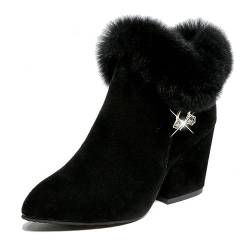 Damen Elegant Stiefeletten Mit Blockabsatz 2023 Neu Ankle Boots Mit Strass Warm Plüsch Schneestiefel Herbst Winter Wildleder Kurz Stiefel Party Knöchel Schuhe Booties ( Color : Black , Size : 40 EU ) von MEECHI