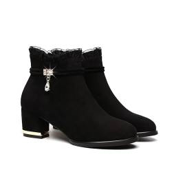 Elegant Stiefeletten Mit Blockabsatz 2023 Neu Kurz Stiefel Mit Strass Lacespleißen Ankle Boots Herbst Winter Wildleder Booties Warm Plüsch Schneestiefel High Heels Knöchel Schuhe ( Color : Black , Siz von MEECHI