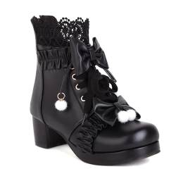 Student Sweet Stiefeletten Mit Schleifen 2023 Neu Damen Schnür Kurz Stiefel Lolita Cosplay Ankle Boots PU-Leder Booties Mit Blockabsatz Elegant Knöchel Schuhe Für Outdoor, Party ( Color : Black , Size von MEECHI